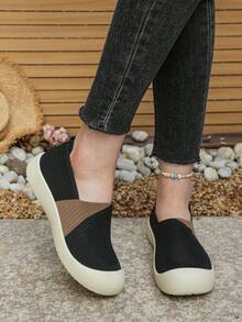 女士休闲鞋，透气网面平底乐福鞋，软底舒适套脚慵懒鞋，春夏款 - 黑色 - 查看 4