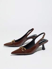 Women's High Heel Pumps, Fashion Pointed Toe Slip-On Sandals, Vintage Brown Bit Buckle Kitten Heel Commuting Elegant Mid Heel Pumps - Brown - View 7