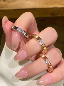 1pc Fashion 18K Gold-Plated Stainless Steel Rotating Cubic Zirconia Ring, Suitable For Women's Daily Wear, Gift - Ring - View 9