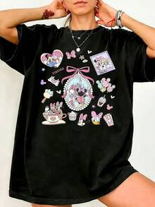Disney Casual Women's Black Round Neck Short Sleeve Minnie Mouse Print Cotton T-Shirt - màu đen - Xem 1