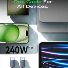 240W 6条装 USB-C 数据线，[3.3/3.3/6.6/6.6/6.6/10英尺] Type-C 转 C 快充线，兼容 17/17 Air/Pro Max/16/15 Pro Max，C 转 C 快充线，也适用于三星 S25/S24 - 彩色 - 查看 3