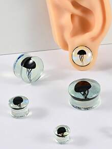 1PC Jellyfish Glass Double Flared Ear Plugs Ear Tunnel Gauge Transparent Glass WIth Black Jellyfish Ear Expander Weight Body Piercing Jewelryng Jewelry - As Shown - View 7