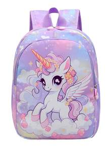 1 pieza Mochila linda con cierre de cremallera de nylon con diseño de unicornio de dibujos animados, adecuada para uso diario - Morado - Ver 8