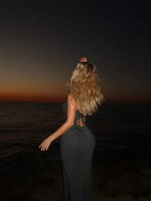 Mejors 女士休闲可爱性感优雅闪亮侧开衩后背系带修身透视长款针织连衣裙无袖沙滩罩衫，适合度假、夜间外出、约会、乡村音乐节、春夏穿着，黑色 - 黑色 - 查看 6