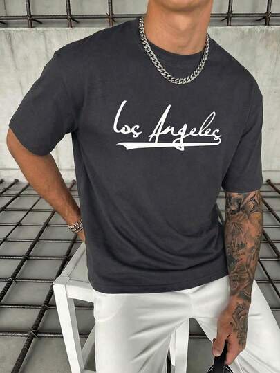  Camiseta de manga corta con cuello redondo retro y estampado para hombres GRDR