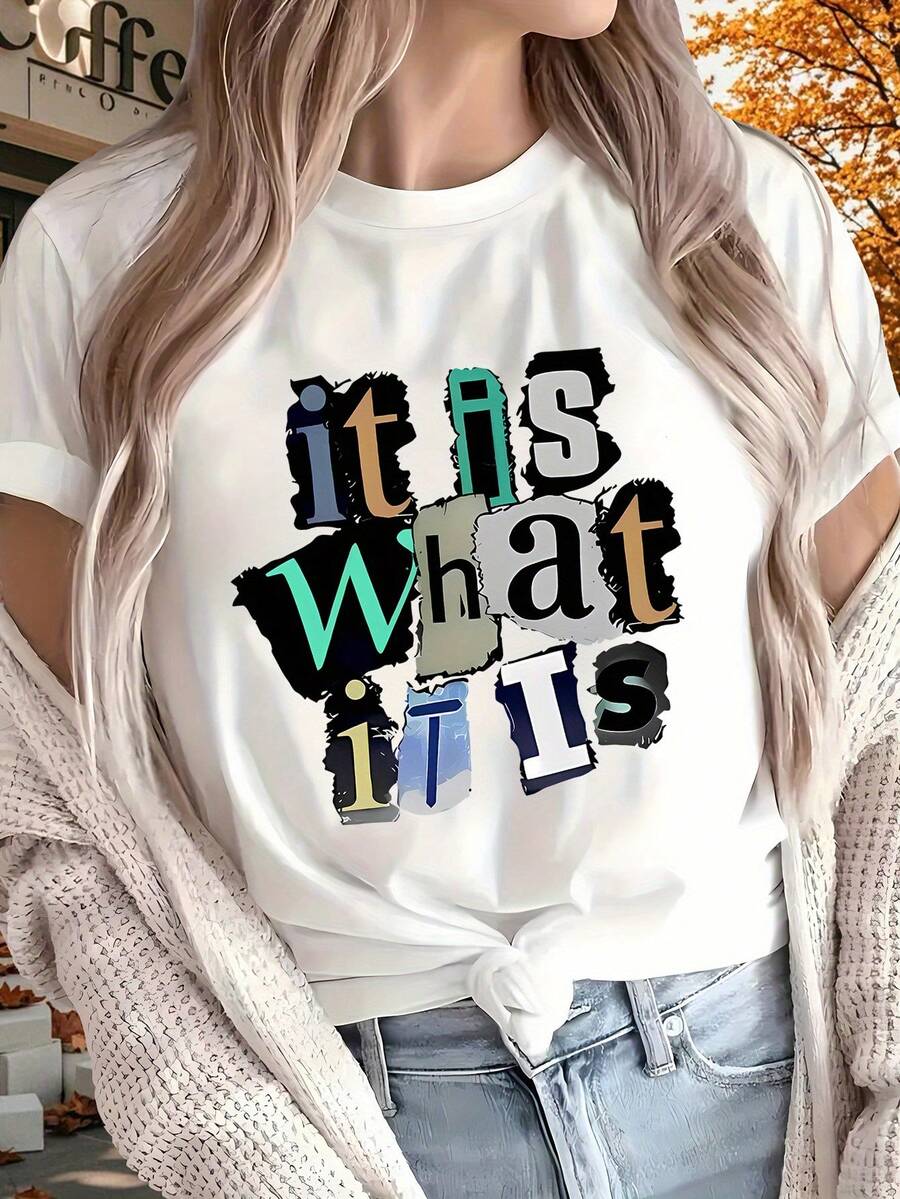 Women's Oversized White T-Shirt With "IT's WHAT IT IS" Print - Short Sleeve Casual Loose Fit All-Season Top, Multicolor Lettering (Green, Blue, Black, Brown, Teal) - I For Casual Attire, & Lounge - Machine Washable Statement Tee - Geometric Print Relaxed Fit For Outdoor, Home & S - Great Gift Idea - Digital Print Technology - Versatile Layering Essential, Half Sleeve T Shirts For Women, T Shirt, Womens Tshirts - 白色 - 查看 1
