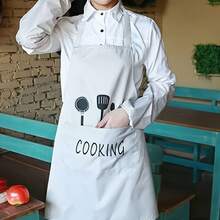 One Polyester Cooking Apron Featuring Pockets, Suitable Hand Washing, Designed Kitchen And Restaurant Applications, Offered In Black Or White With Illustrations Of Chef Hats And Utensils - Black - View 3