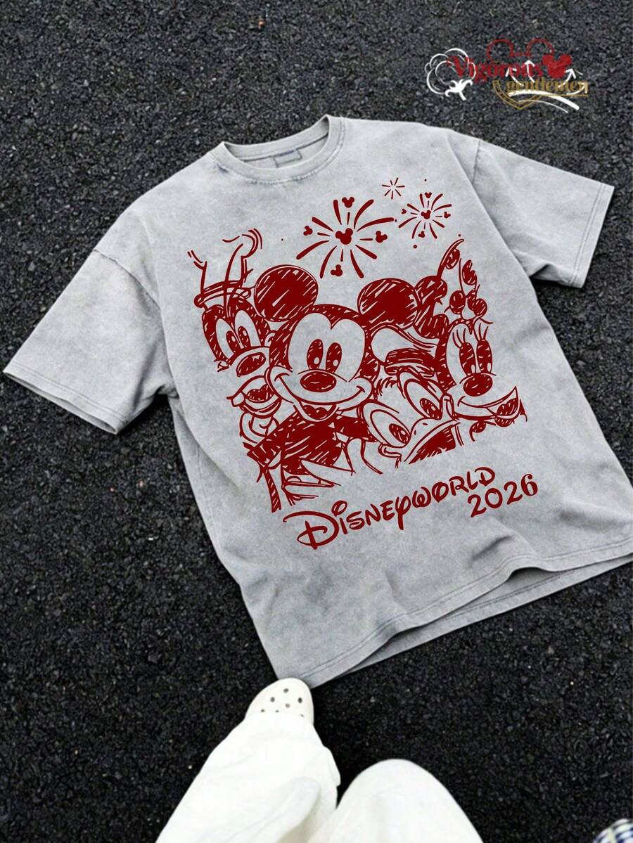 Disney World 2026 Sketch Souvenir Graphic T-Shirt, Summer Vintage Washed 230g Heavyweight Short Sleeve - Grey - View 1