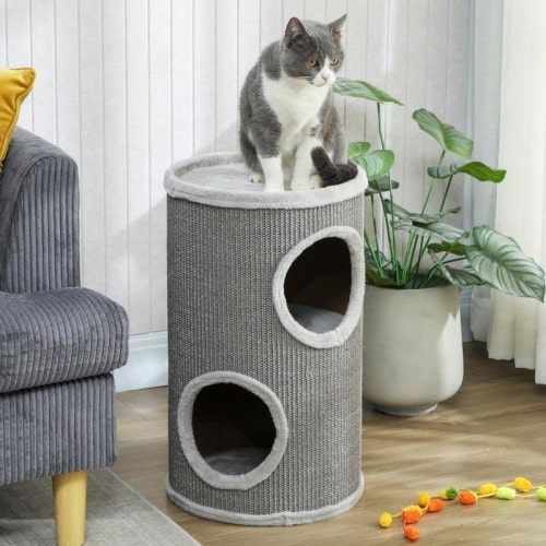 Griffoir en forme de tonneau, 60 cm de haut, Ø 35 cm, à deux étages avec 2 niches, bord en peluche, pour 1 à 2 chats jusqu'à 5 kg, gris clair - Gris pâle - Voir 1