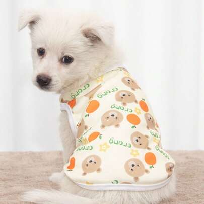1pc Pet Cat Dog Vest, Cute Bear & Orange Print, Lightweight Vest, Anti-Flea & Anti-Shedding