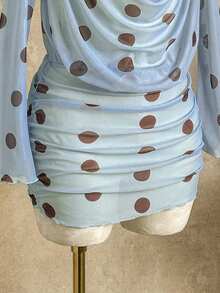 女士新款春夏泳衣罩衫，优雅性感复古黄色波点印花高领长袖网纱连衣裙，女士沙滩装，Y2K泳装，适合海滩度假、节日、派对、情人节、狂欢节等场合。 - 藍卡色 - 查看 6