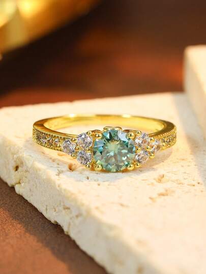1pc S925 Silver Plated 18K Gold Mosaic Blue-Green Cubic Zirconia Ring, Luxury Dual-Tone Gemstone Design, Suitable For Formal Occasions, Parties, Valentines Day, Anniversary, Birthday Gift