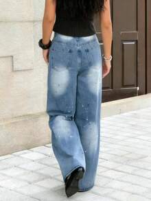 Y2K街头风复古直筒牛仔裤，女款休闲水洗旧墨泼印花牛仔裤，2026夏季春季款。 - 中等水洗藍 - 查看 2