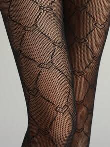 1 pieza Medias ajustadas y sexys para mujer con diseño de red calada con corazones entrelazados, pantimedias finas y transparentes para primavera/verano, medias que estilizan y favorecen las piernas con estilo Y2K del milenio, medias versátiles de color negro adecuadas para disfraces de Halloween - Negro - Ver 4