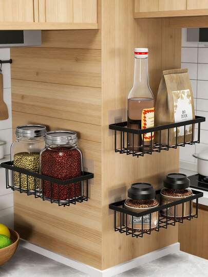 1 حبة سلة تخزين لاصقة مثبتة على الحائط، رف بلاستيكي أسود بدون ثقب للتنظيم لمطبخ، حمام، تحت الحوض، برطمانات التوابل، مستلزمات التنظيف، مستحضرات التجميل، للتخزين في مساحات صغيرة