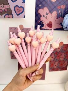 3pcs Silicone Heart Shaped Push Button Ballpoint Pens, Cartoon Design Stationery Pens - 3 Heart-shaped Pens - View 4