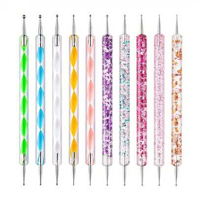 10pcs Nail Art Pen Set - Dual-Ended, Colorful Acrylic Handles With Flower Needle For Manicure & Pedicure Designs