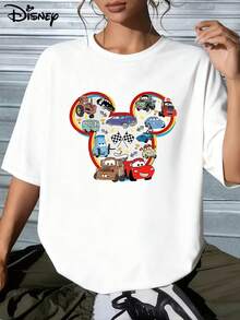 Disney Oversized Cotton T-Shirt | "Cars Mickey Head Collage" Print | Street Style. Made From Soft, Comfortable, And Durable Pure Cotton, This Is An Ideal Choice For Spring And Summer. This Crew Neck T-Shirt Is Suitable For Various Occasions, Including Everyday Wear, Shopping, Parties, Travel, And Gatherings, And Also Makes A Thoughtful Gift. - White - View 1