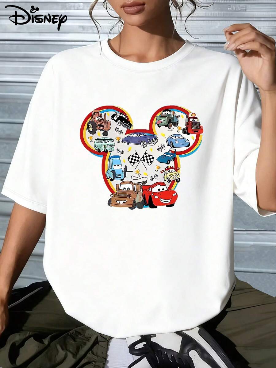 Disney Oversized Cotton T-Shirt | "Cars Mickey Head Collage" Print | Street Style. Made From Soft, Comfortable, And Durable Pure Cotton, This Is An Ideal Choice For Spring And Summer. This Crew Neck T-Shirt Is Suitable For Various Occasions, Including Everyday Wear, Shopping, Parties, Travel, And Gatherings, And Also Makes A Thoughtful Gift. - White - View 1