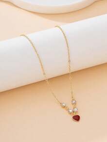 1pc Elegant French Romantic Luxury Rhinestone Red Drip Oil Heart Pendant Necklace, Unique Design Delicate Choker For Women - Red - View 4