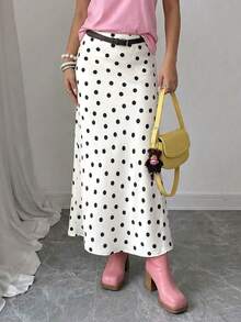 Women's Polka Dot Satin Maxi Skirt, Spring Summer Elastic High Waisted Elegant Flowy A-Line Long Skirt - White - View 6