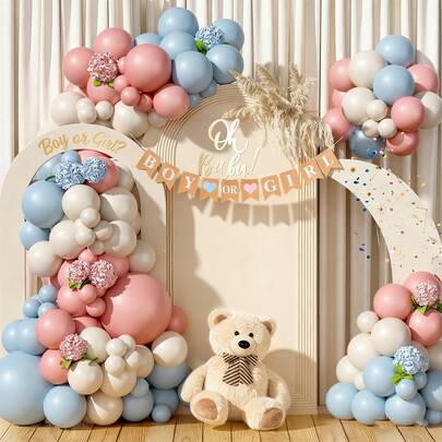 108pcs Gender Reveal Balloon Boxes Decorations Dusty Pink And Blue Balloon Garland Arch Kit ,Banner For BabyShower Birthday Party Gender Reveal Decorations Supplies