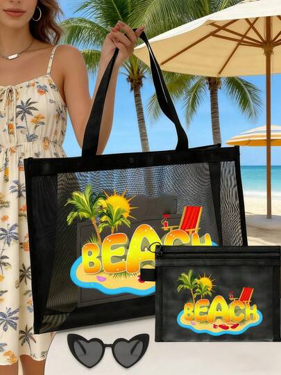 2件套大容量网眼沙滩包，采用夏日沙滩图案，便携式化妆包，可装口红和气垫粉扑，海岸风情洗漱包，透明大容量旅行化妆品收纳包，夏威夷风情网眼化妆包，是海滩度假、购物的理想之选，也适合度假、健身、母亲节礼物、情人节礼物、教师节礼物、女性旅行、短途旅行和旅行必备品。