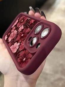 酒红色花卉图案简约防震TPU手机壳，适用于苹果17、16、15、14、13、12、11 Pro Max、Air及系列机型，国际版，非国内版 - 彩色 - 查看 3