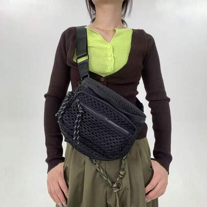 时尚简约女士斜挎包，多口袋尼龙网眼单肩包，适合日常使用