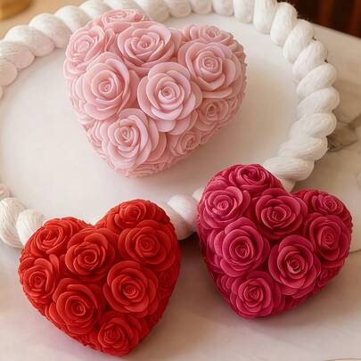 1个3D心形玫瑰硅胶模具，适用于DIY蜡烛、树脂、粘土、肥皂制作和装饰品，材质柔韧，可重复使用，非常适合生日/婚礼/情人节礼物。