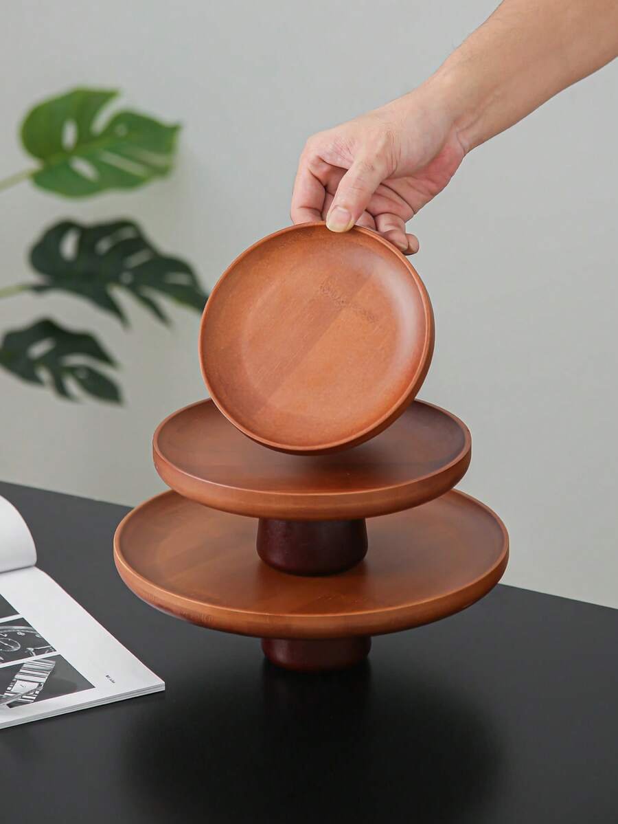 1pc Bamboo Cake Stand With Wooden Base, Dessert Display Plate, Multifunctional Fruit Tray, Suitable For Dining Table Decor, Home And Kitchen Serving Platter, Ramadan Use - Maroon - View 1