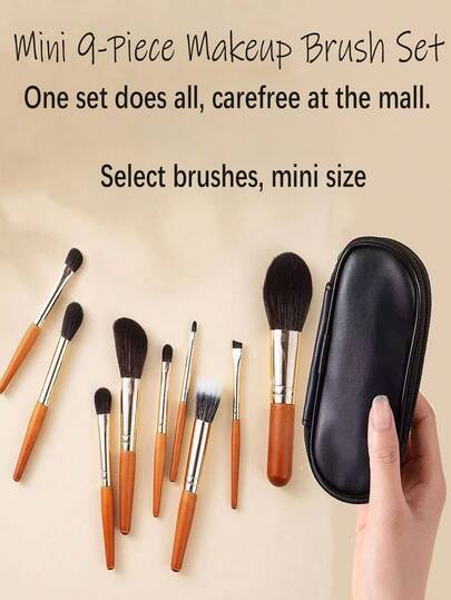 Mini 9 Pieces Wooden Handle Makeup Brush Set, Portable Travel Size With Storage Pouch, All-In-One Cosmetic Brushes Kit For On-The-Go
