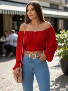 Blusa Crop campesina pecho fruncido con cinta de amarre trasera - Rojo - Ver 4