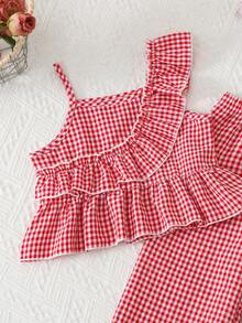 Young Girl 2pcs Set Fashion Casual Red & White Color Block Plaid Non-Stretch Spaghetti Strap Square Neck Pullover Top With Matching Elastic Waist Straight Leg Pants, Daily Casual, Weekend Outings, School Daily Wear Summer Girls Pants Set - Red and White - View 2