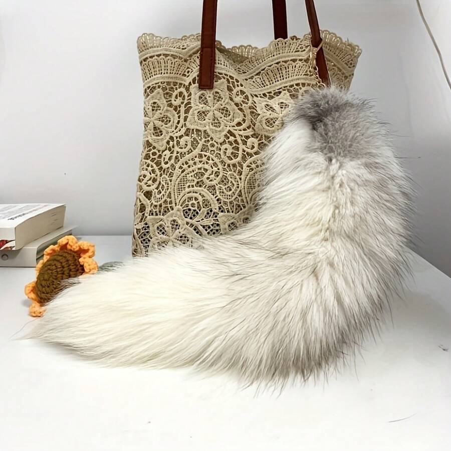 Realistic Fox Tail With Metal Keychain Ring - White Faux Fur/Velvet Animal Tail Pendant, Suitable For Car Accessories, Handbag Pendants - Durable Animal Tail Gift, Ideal For Cosplay (Smooth Texture, Non-...) - 白色 - 查看 1