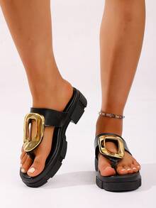 女士新款方头人字拖，时尚百搭凉鞋，休闲厚底平底金色塑料扣独特夏季拖鞋 - 黑色 - 查看 8