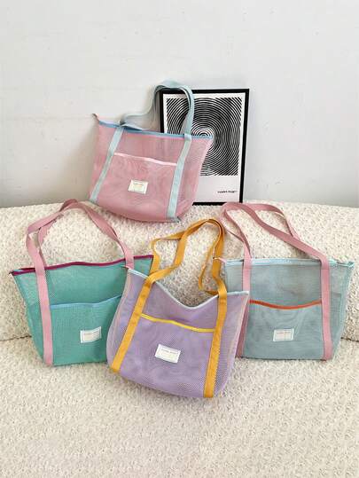 Large Capacity Mesh Beach Tote Bag, Lightweight Breathable Summer Pool Bag With Front Pocket, Colorful Travel Storage Shoulder Bag For Beach, Vacation, Gym & Shopping