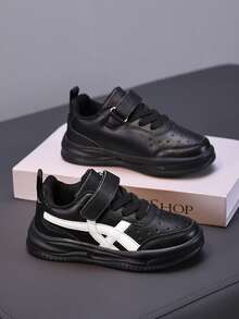 男童黑色休闲运动鞋，白色点缀，魔术贴搭扣，防滑PU皮革学生鞋 - 黑色 - 查看 5