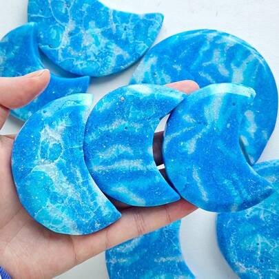 1pc Premium Dominican Larimar Moon Carving - Hand Polished Moon-Shape Ornament With Blue & White Marbled - Suitable For Home Decor, Desk Embellishment, Holiday Presents, Christmas, Easter And Halloween Gifts