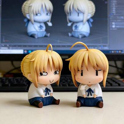 Figura de anime Chibi Fate/Stay Night Artoria Pendragon en pose sentada, figura de anime Fate/Stay Night UBW Saber Sebas con expresión divertida, figura de colección de Asuka Langley y Ayanami Rei de , decoración de coche, regalo