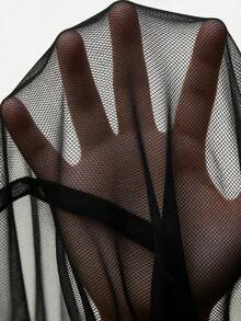 Mesh Sheer Splice Square Collar Fitted Long Sleeve U-Neck Cropped Elastic Knit Solid Black Top - Cool Girl Style Suitable For Bar Dates, Street Fashion, Spring/Autumn Casual Outings - Black - View 10