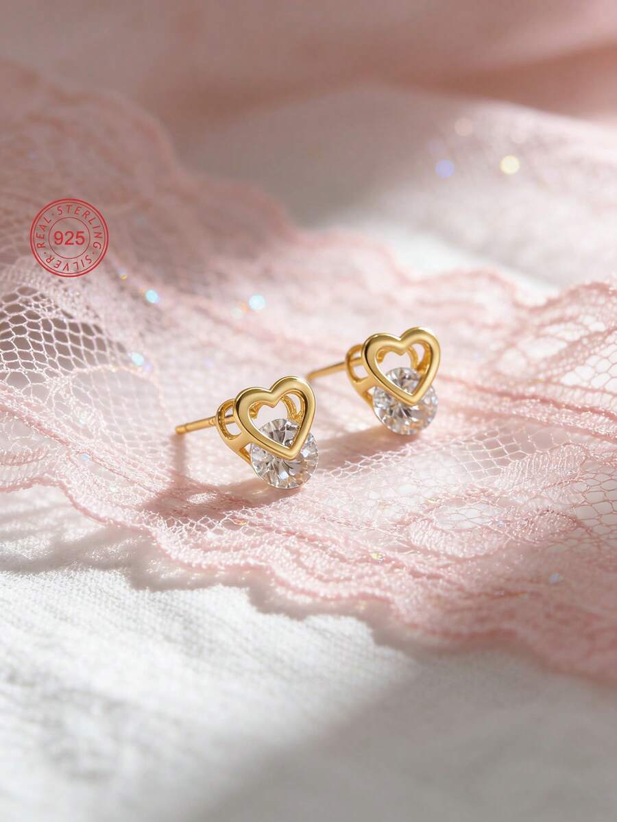 Artepollo 1pc 925 Sterling Silver Hypoallergenic Heart Stud Earrings, Inlaid With Sparkling Cubic Zirconia, Small And Exquisite, Gift For Girls, Gift For Girl, Gift For Friends, Gift For Back To School - Gold - View 1