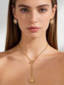 3pcs/Set Stainless Steel O-Shape Chain & Sun Pendant Necklace And Earrings, Suitable For Women Beach Vacation Wear - Sun Accessory Set - View 1