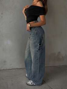 Neue Mode Damen Jeans weite Beine bequeme Hose hochwertig, stilvoller, lässiger Frühlingsstil - Blau - Übersicht 2