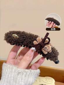 1pc Women's Plush Teddy Bear Bow Hair Clip - Soft Plush Teddy Bear Hair Accessory - Multicolor - View 3