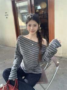 Áo lót nữ mùa xuân/hè mới, chất liệu co giãn, mềm mại, trễ vai, kẻ sọc, kiểu dáng suông, xếp ly eo, dáng ôm thoải mái. - Xám - Xem 1