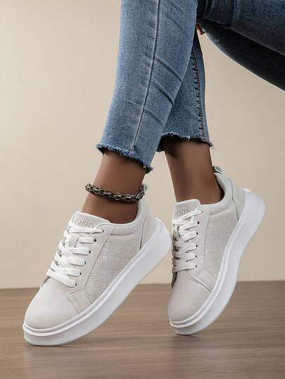 女士圆头系带滑板鞋，时尚撞色休闲运动鞋，百搭舒适