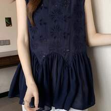Women Blouses & Shirts - Navy Blue With Lace Hem and Ruffled Trim - View 5