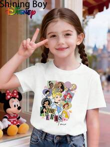 Disney Elsa,Ariel,Pocahontas,Rapunzel,Belle,Jasmine,Anna,,Snow White Princess Cartoon Print, Casual And Simple Short Sleeved T-Shirt, Suitable For Wearing In Spring And Summer Seasons, Suitable For Both Boys And Girls. Festival Gift - Blanc - Voir 1
