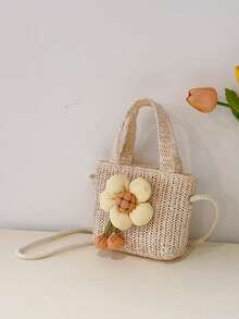 Pink Bow Straw Handbag, Girly Woven Underarm Bag, Summer Mini Purse - Multicolor - View 17